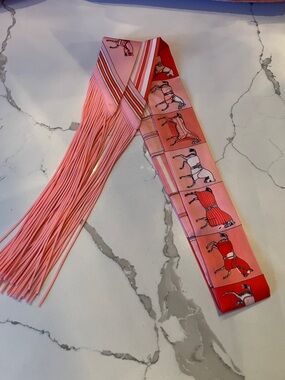 Pink Equestrian Print Silk twilly with Fringe